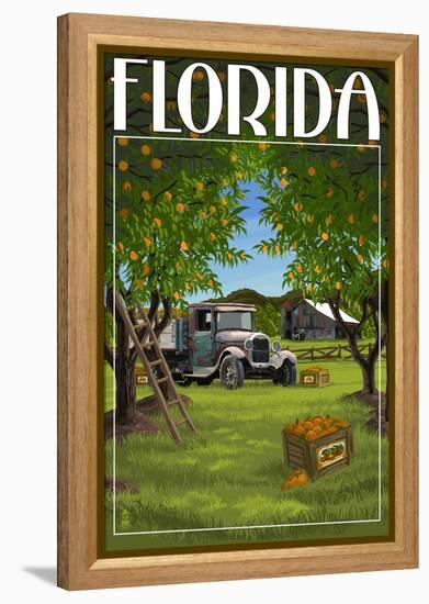 Florida - Orange Grove with Truck-Lantern Press-Framed Stretched Canvas