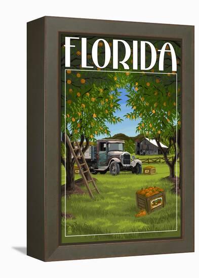 Florida - Orange Grove with Truck-Lantern Press-Framed Stretched Canvas