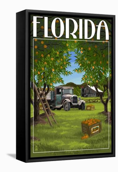 Florida - Orange Grove with Truck-Lantern Press-Framed Stretched Canvas