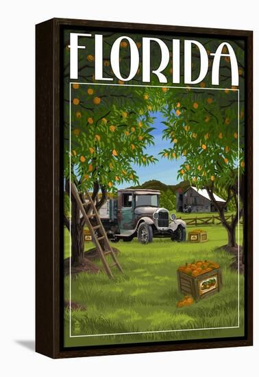 Florida - Orange Grove with Truck-Lantern Press-Framed Stretched Canvas