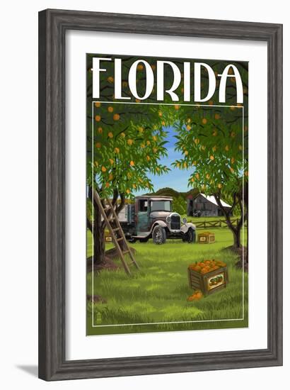 Florida - Orange Grove with Truck-Lantern Press-Framed Art Print
