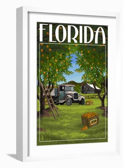 Florida - Orange Grove with Truck-Lantern Press-Framed Art Print