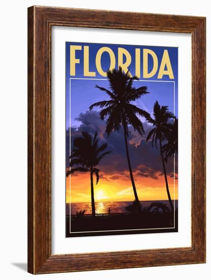 Florida - Palms and Sunset-Lantern Press-Framed Art Print