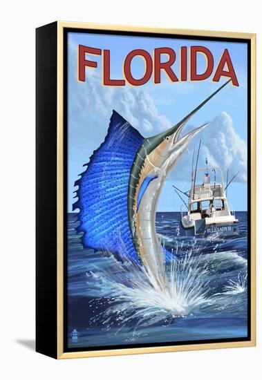 Florida - Sailfish Scene-Lantern Press-Framed Stretched Canvas