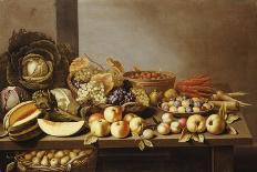 Bowls of Fruit and Nuts on a Wooden Table with a Basket of Pears Beneath-Floris van Schooten-Framed Premier Image Canvas