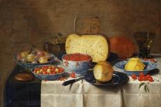 Bowls of Fruit and Nuts on a Wooden Table with a Basket of Pears Beneath-Floris van Schooten-Mounted Giclee Print