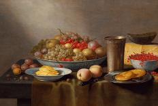 Bowls of Fruit and Nuts on a Wooden Table with a Basket of Pears Beneath-Floris van Schooten-Mounted Giclee Print