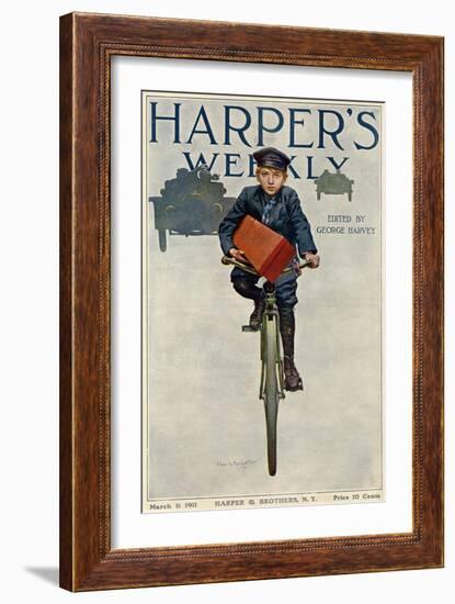 Florist's Delivery Boy on a Bicycle, Harper's Weekly Cover for March 11, 1911-null-Framed Giclee Print