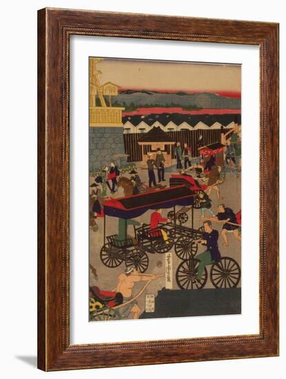 Flourishing Nihonbashi Section of Tokyo, (Tokyo Nihonbashi Han Ei No Z) Triptych-Utagawa Yoshitora-Framed Giclee Print