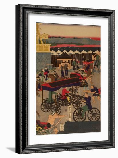 Flourishing Nihonbashi Section of Tokyo, (Tokyo Nihonbashi Han Ei No Z) Triptych-Utagawa Yoshitora-Framed Giclee Print