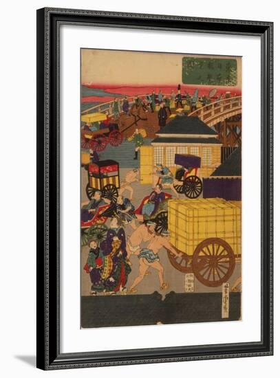 Flourishing Nihonbashi Section of Tokyo, (Tokyo Nihonbashi Han Ei No Z) Triptych-Utagawa Yoshitora-Framed Giclee Print