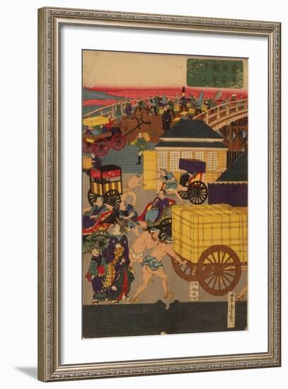 Flourishing Nihonbashi Section of Tokyo, (Tokyo Nihonbashi Han Ei No Z) Triptych-Utagawa Yoshitora-Framed Giclee Print