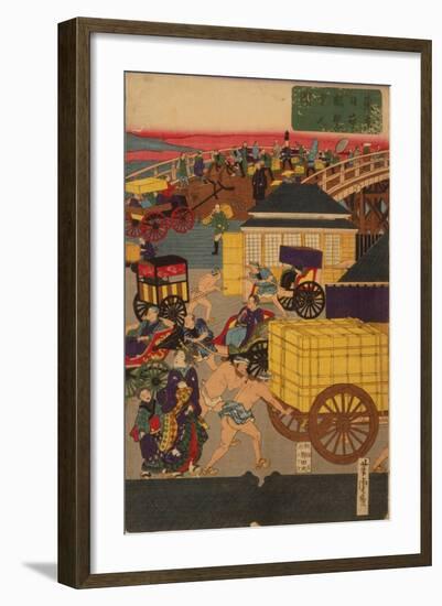 Flourishing Nihonbashi Section of Tokyo, (Tokyo Nihonbashi Han Ei No Z) Triptych-Utagawa Yoshitora-Framed Giclee Print