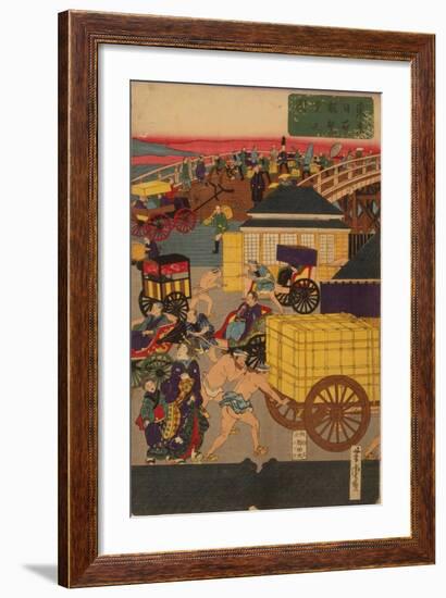 Flourishing Nihonbashi Section of Tokyo, (Tokyo Nihonbashi Han Ei No Z) Triptych-Utagawa Yoshitora-Framed Giclee Print