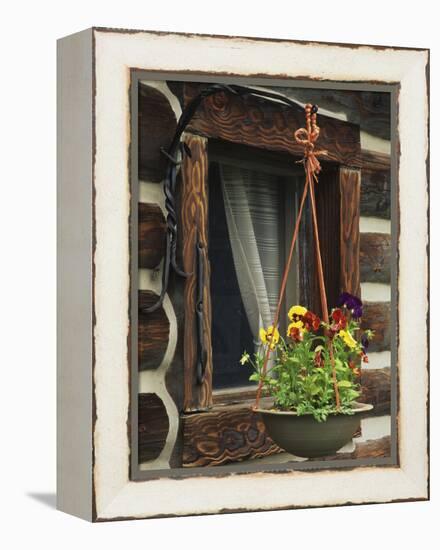 Flower Basket Outside Window of Log Cabin, Fort Boonesborough, Kentucky, USA-Dennis Flaherty-Framed Premier Image Canvas