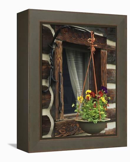 Flower Basket Outside Window of Log Cabin, Fort Boonesborough, Kentucky, USA-Dennis Flaherty-Framed Premier Image Canvas