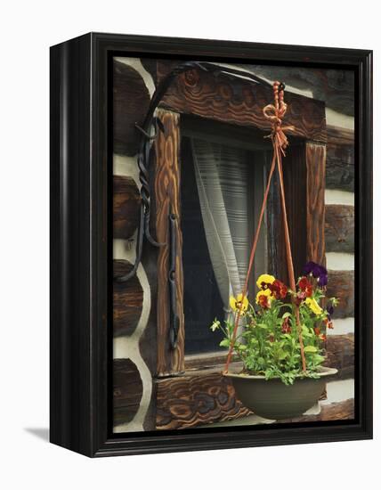 Flower Basket Outside Window of Log Cabin, Fort Boonesborough, Kentucky, USA-Dennis Flaherty-Framed Premier Image Canvas