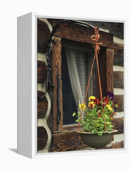 Flower Basket Outside Window of Log Cabin, Fort Boonesborough, Kentucky, USA-Dennis Flaherty-Framed Premier Image Canvas