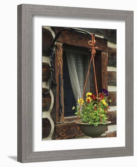 Flower Basket Outside Window of Log Cabin, Fort Boonesborough, Kentucky, USA-Dennis Flaherty-Framed Photographic Print