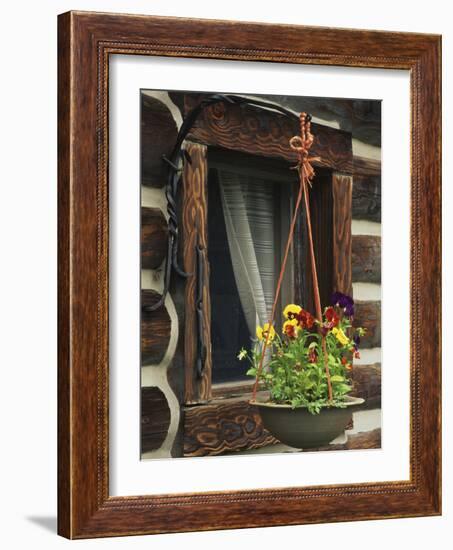 Flower Basket Outside Window of Log Cabin, Fort Boonesborough, Kentucky, USA-Dennis Flaherty-Framed Photographic Print