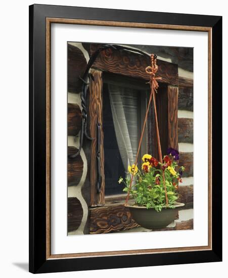 Flower Basket Outside Window of Log Cabin, Fort Boonesborough, Kentucky, USA-Dennis Flaherty-Framed Photographic Print