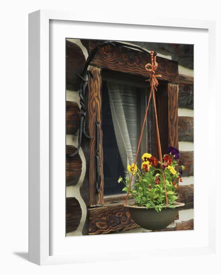 Flower Basket Outside Window of Log Cabin, Fort Boonesborough, Kentucky, USA-Dennis Flaherty-Framed Photographic Print