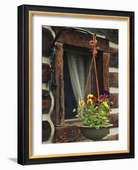 Flower Basket Outside Window of Log Cabin, Fort Boonesborough, Kentucky, USA-Dennis Flaherty-Framed Photographic Print