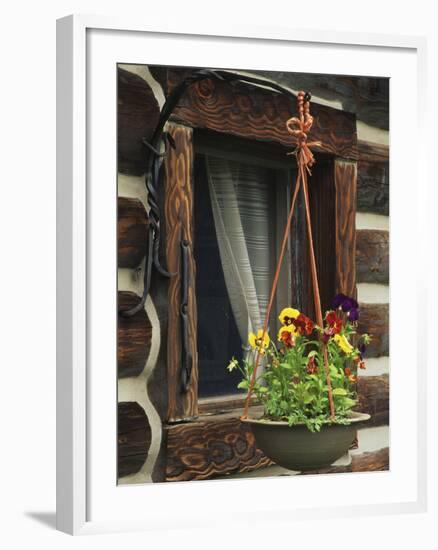 Flower Basket Outside Window of Log Cabin, Fort Boonesborough, Kentucky, USA-Dennis Flaherty-Framed Photographic Print