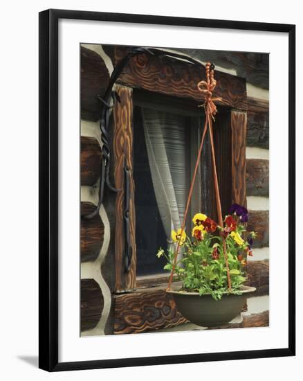 Flower Basket Outside Window of Log Cabin, Fort Boonesborough, Kentucky, USA-Dennis Flaherty-Framed Photographic Print