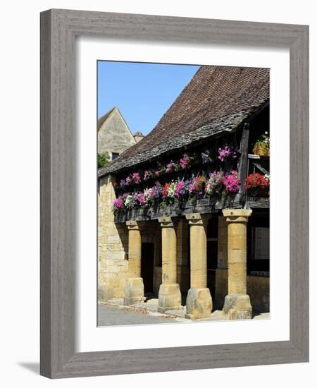 Flower Bedecked Medieval Les Halle, Bastide Town of Domme, One of Les Plus Beaux Villages De France-Peter Richardson-Framed Photographic Print