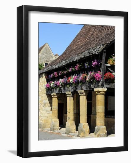 Flower Bedecked Medieval Les Halle, Bastide Town of Domme, One of Les Plus Beaux Villages De France-Peter Richardson-Framed Photographic Print