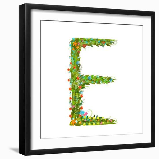 Flower Blossom Decorative Botanical Elegant Alphabet Letter E. Flower ABC Sign E. Floral Summer Col-Popmarleo-Framed Art Print