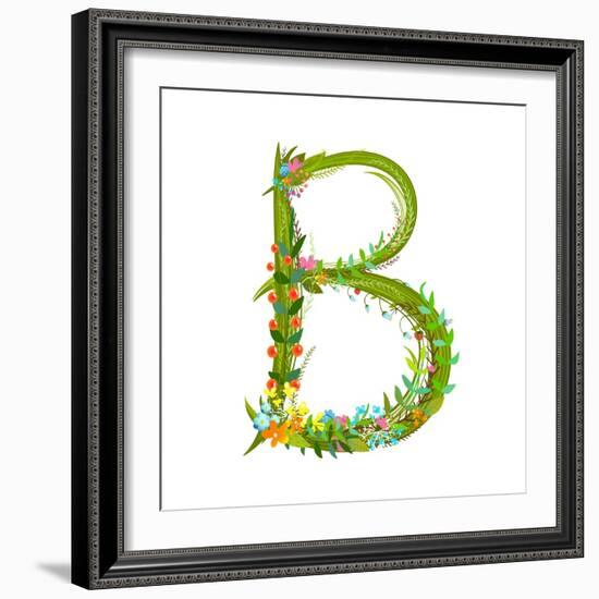 Flower Calligraphy Floral Elegant Decorative Alphabet Letter B. Intricate Sign. Floral Summer Color-Popmarleo-Framed Art Print