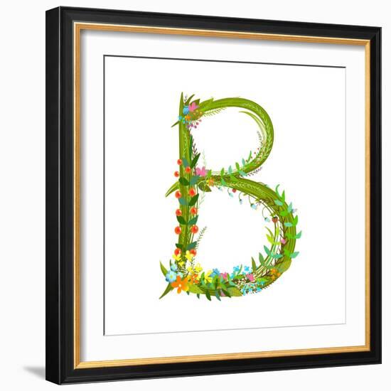 Flower Calligraphy Floral Elegant Decorative Alphabet Letter B. Intricate Sign. Floral Summer Color-Popmarleo-Framed Art Print