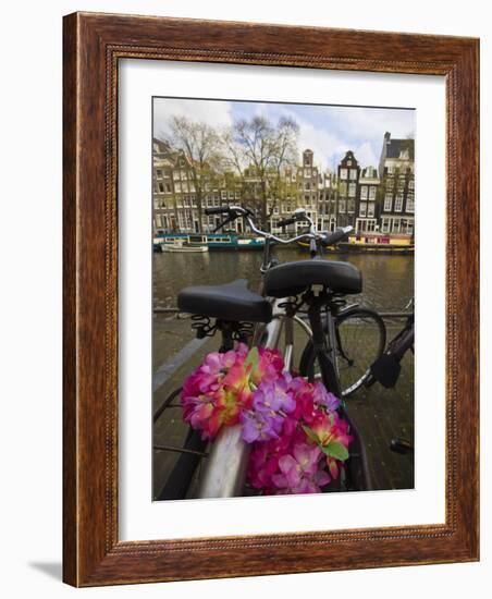 Flower Chain Holding Two Bicycles Together, Amsterdam, Netherlands, Europe-Amanda Hall-Framed Photographic Print