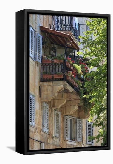 Flower Covered Balcony on Old Stone House, Bol, Brac Island, Dalmatian Coast, Croatia, Europe-John Miller-Framed Premier Image Canvas