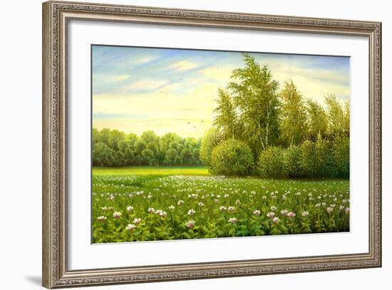 Flower Field With Trees And Bushes-balaikin2009-Framed Art Print