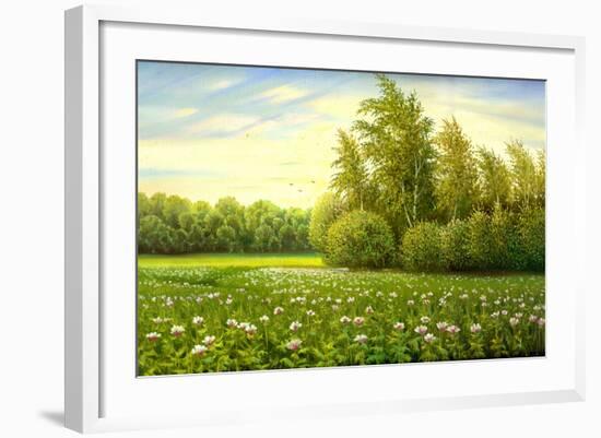 Flower Field With Trees And Bushes-balaikin2009-Framed Art Print