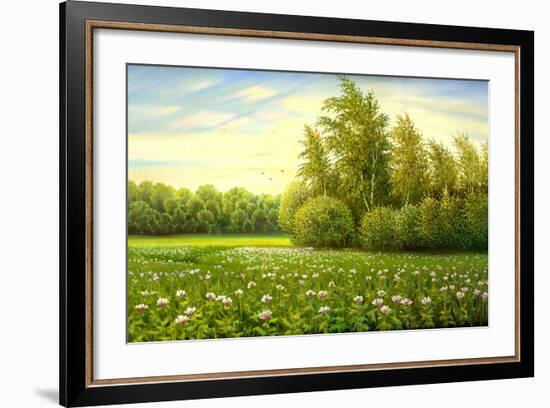 Flower Field With Trees And Bushes-balaikin2009-Framed Art Print