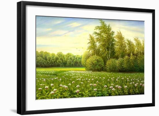 Flower Field With Trees And Bushes-balaikin2009-Framed Art Print