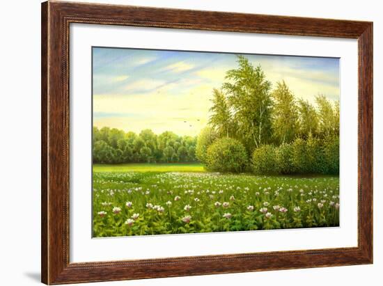 Flower Field With Trees And Bushes-balaikin2009-Framed Art Print