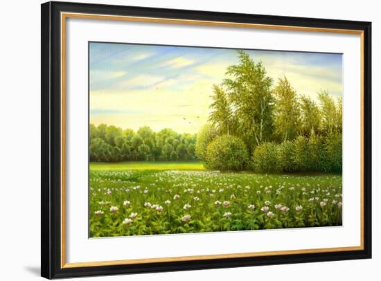 Flower Field With Trees And Bushes-balaikin2009-Framed Art Print