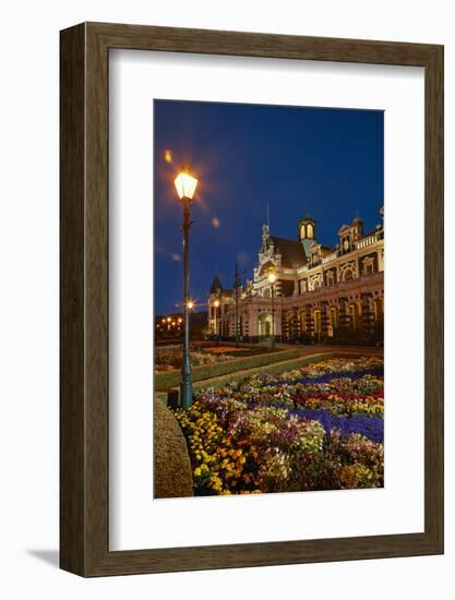 Flower garden and historic Railway Station at night, Dunedin, South Island, New Zealand-David Wall-Framed Photographic Print