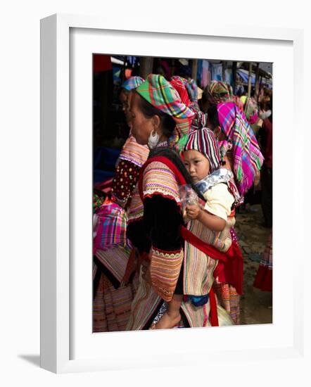 Flower Hmong Woman Carrying Baby on Her Back, Bac Ha Sunday Market, Lao Cai Province, Vietnam-null-Framed Photographic Print