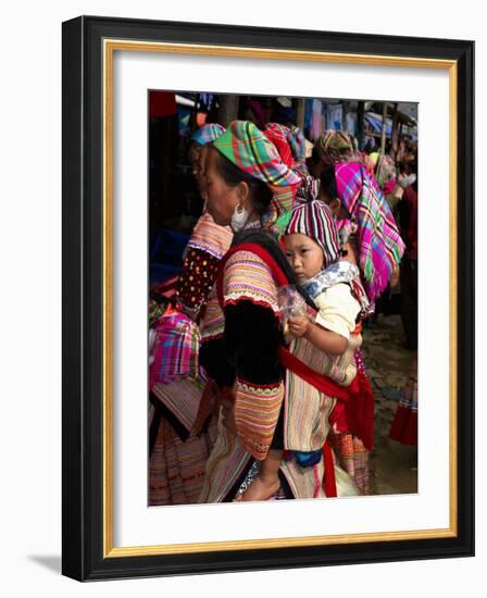 Flower Hmong Woman Carrying Baby on Her Back, Bac Ha Sunday Market, Lao Cai Province, Vietnam-null-Framed Photographic Print