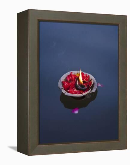 Flower Lamp on the Ganges River, Varanasi, India-Keren Su-Framed Premier Image Canvas