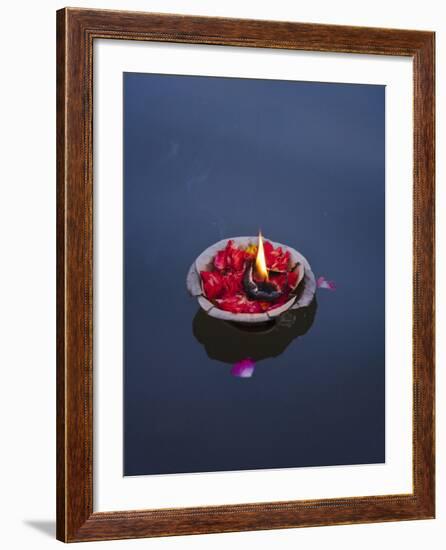 Flower Lamp on the Ganges River, Varanasi, India-Keren Su-Framed Photographic Print