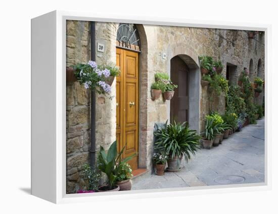 Flower Pots and Potted Plants Decorate a Narrow Street in Tuscan Village, Pienza, Italy-Dennis Flaherty-Framed Premier Image Canvas
