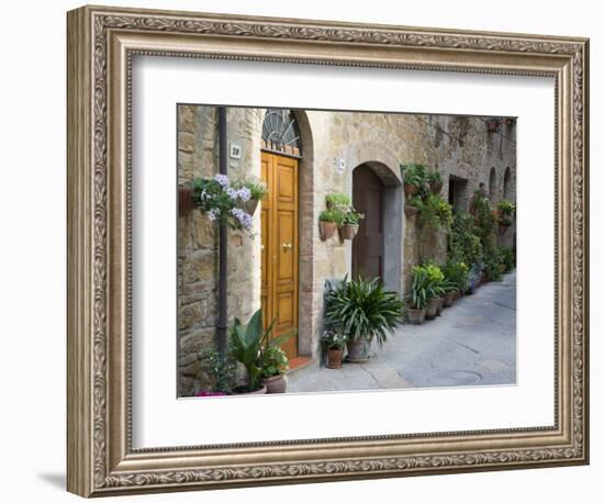 Flower Pots and Potted Plants Decorate a Narrow Street in Tuscan Village, Pienza, Italy-Dennis Flaherty-Framed Premium Photographic Print