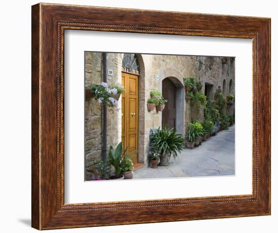 Flower Pots and Potted Plants Decorate a Narrow Street in Tuscan Village, Pienza, Italy-Dennis Flaherty-Framed Premium Photographic Print